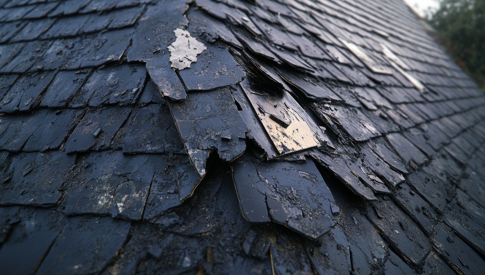 Damaged roof shingles. Close-up view of weathered, cracked, and peeling dark grey roofing tiles, showing signs of deterioration