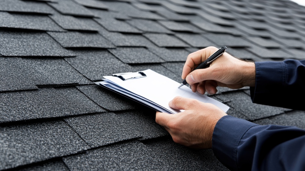 The image depicts a person performing a roof inspection.