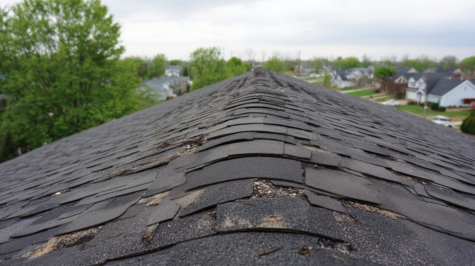 Worn asphalt shingle ridge seen from rooftop perspective.